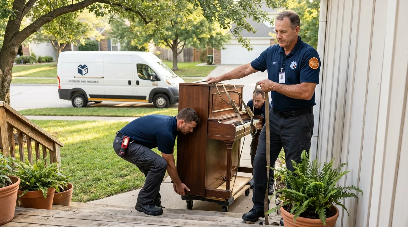 Licensed piano movers securing grand piano in Chelsea, OK