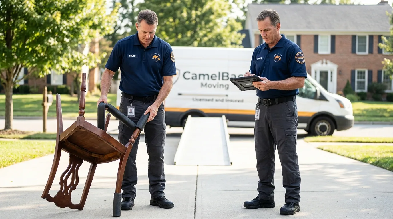 Movers inspecting furniture for damage prevention before loading in Chelsea, OK