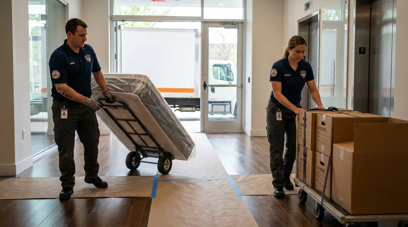 Professional apartment movers loading elevator in Chelsea, OK